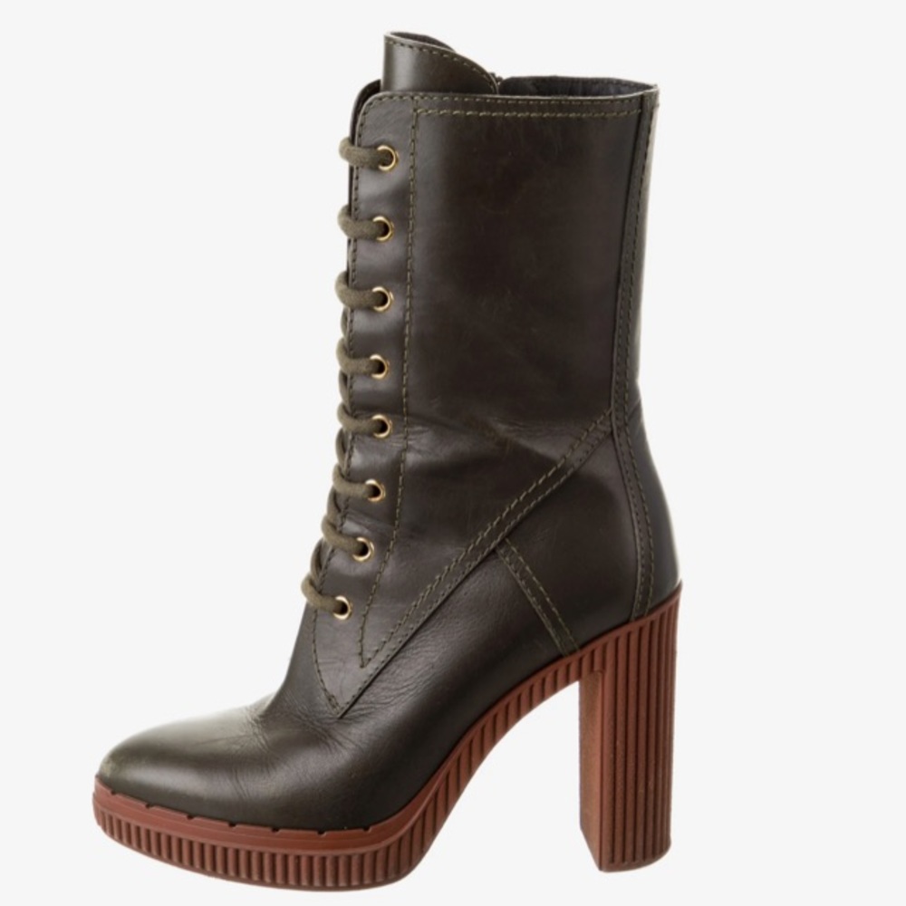EUC Tod’s Lace-Up Leather Platform Boot Forest Green Size 38